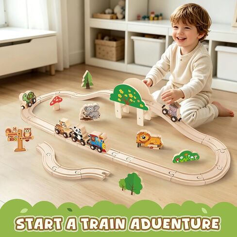 BeAndge Animal Wooden Train Set, Toddler Train Track Set for Boys Girls in Kuwait