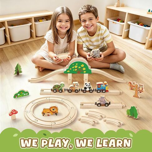 BeAndge Animal Wooden Train Set, Toddler Train Track Set for Boys Girls in Kuwait
