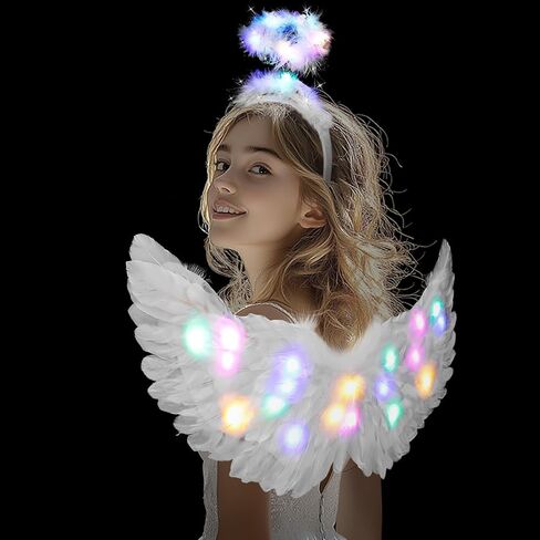 LED Angel Wings and Halo, Halloween Light Up Angel Halo White Fairy Cupid Wings Angel Costume for Girls Kids Adult Women in Kuwait