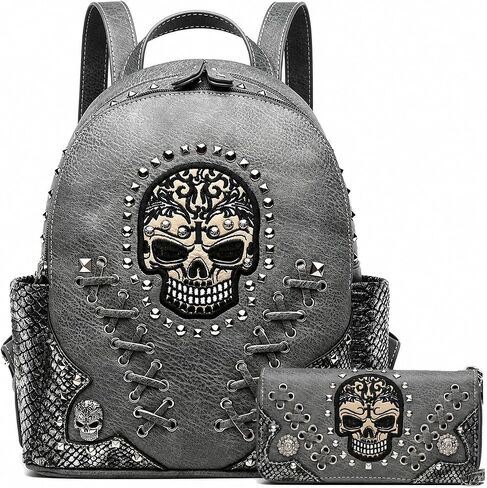 مجموعة محفظة نسائية عصرية من Cowgirl Sugar Skull Punk Art برشام لراكبي الدراجات النارية حقيبة ظهر عصرية من Python Daypack حقيبة كتف (مجموعة سوداء)، مقاس كبير in Kuwait