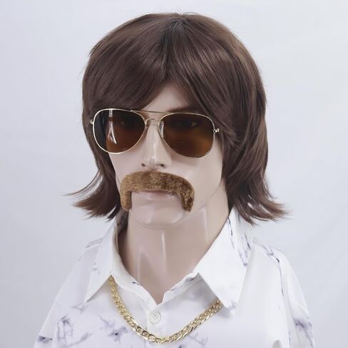 Cfalaicos 3-Pieces Chain and Moustache and Short Brown Costume Wig 60S 70S Mens Party Wig (Sonny Bono Short Brown) in Kuwait
