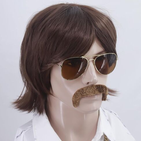 Cfalaicos 3-Pieces Chain and Moustache and Short Brown Costume Wig 60S 70S Mens Party Wig (Sonny Bono Short Brown) in Kuwait