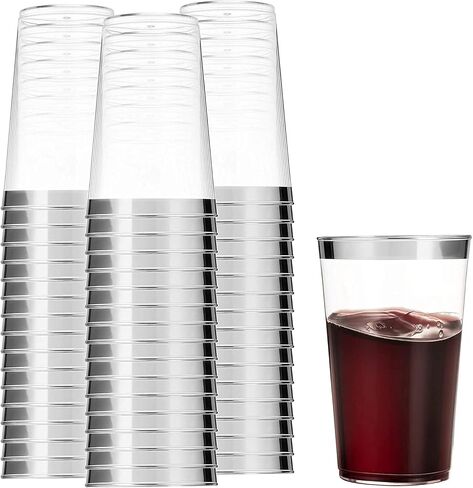 Munfix 100 Silver Plastic Cups 16 Oz Clear Plastic Cups Tumblers Silver Rimmed Cups Fancy Disposable Wedding Cups Elegant Party Cups with Silver Rim in Kuwait