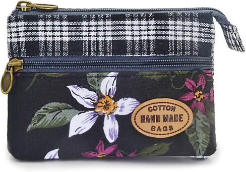 Women Small Zipper Coin Purse, Handmade Fabric Flower Embroidered Change Pouch, Cotton Double Zipper Wallet in Saudi Arabia