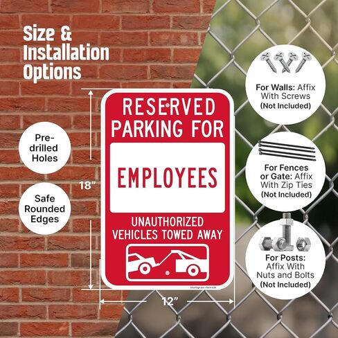 SmartSign Reserved Parking For Employees Sign - 2 Pack, Unauthorized Vehicles Towed Sign, 18 x 12 inch, 2mm Thick Aluminum Composite, Red and White, Made in USA in Kuwait