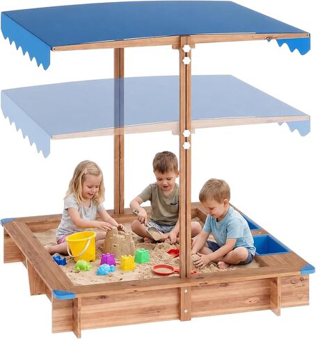 OUTLANE Wooden Kids Sandbox with Retractable Canopy, Sand & Water 2-in-1 Outdoor Sand Pit with 2 Water Basins, Bottom Liner & Drainage, Anti-Collision Corners - 39 x 39 in - Solid Wood in Saudi Arabia