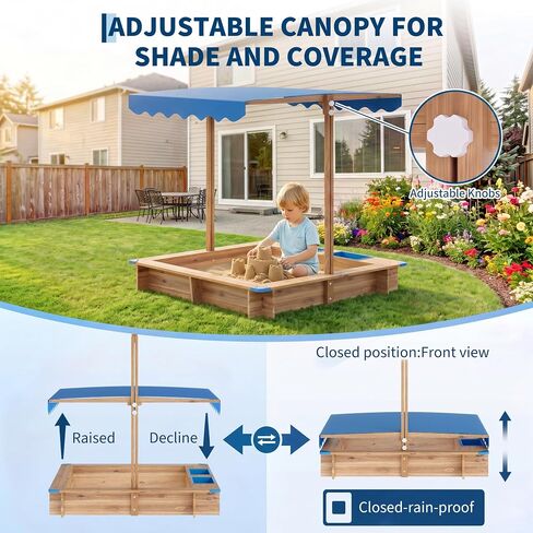 OUTLANE Wooden Kids Sandbox with Retractable Canopy, Sand & Water 2-in-1 Outdoor Sand Pit with 2 Water Basins, Bottom Liner & Drainage, Anti-Collision Corners - 39 x 39 in - Solid Wood in Saudi Arabia