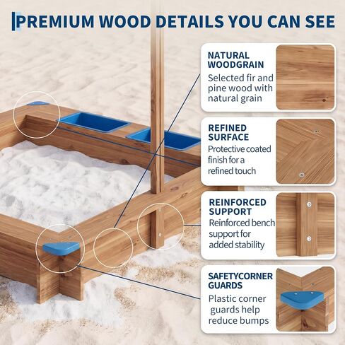 OUTLANE Wooden Kids Sandbox with Retractable Canopy, Sand & Water 2-in-1 Outdoor Sand Pit with 2 Water Basins, Bottom Liner & Drainage, Anti-Collision Corners - 39 x 39 in - Solid Wood in Saudi Arabia