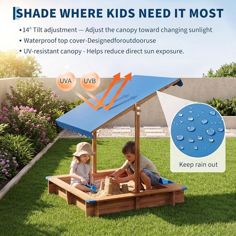 OUTLANE Wooden Kids Sandbox with Retractable Canopy, Sand & Water 2-in-1 Outdoor Sand Pit with 2 Water Basins, Bottom Liner & Drainage, Anti-Collision Corners - 39 x 39 in - Solid Wood in Saudi Arabia