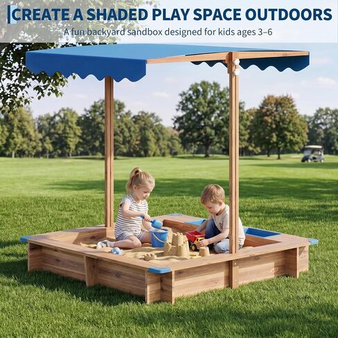 OUTLANE Wooden Kids Sandbox with Retractable Canopy, Sand & Water 2-in-1 Outdoor Sand Pit with 2 Water Basins, Bottom Liner & Drainage, Anti-Collision Corners - 39 x 39 in - Solid Wood in Saudi Arabia