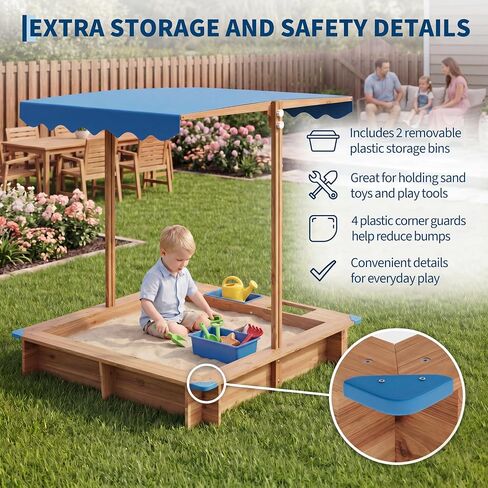 OUTLANE Wooden Kids Sandbox with Retractable Canopy, Sand & Water 2-in-1 Outdoor Sand Pit with 2 Water Basins, Bottom Liner & Drainage, Anti-Collision Corners - 39 x 39 in - Solid Wood in Saudi Arabia