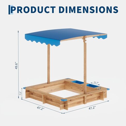 OUTLANE Wooden Kids Sandbox with Retractable Canopy, Sand & Water 2-in-1 Outdoor Sand Pit with 2 Water Basins, Bottom Liner & Drainage, Anti-Collision Corners - 39 x 39 in - Solid Wood in Saudi Arabia