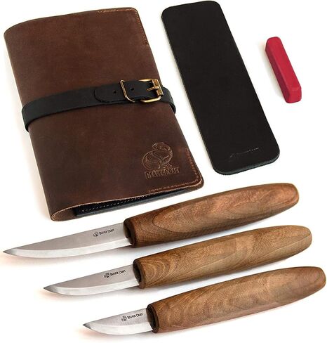 BeaverCraft Deluxe Wood Carving Kit with 3pcs High‑Carbon Steel Sloyd Knives S19x – Whittling Knife Set with Walnut Handles, Leather Tool Roll & Leather Strop, Polishing Compound – Wood Carving Tools in Kuwait