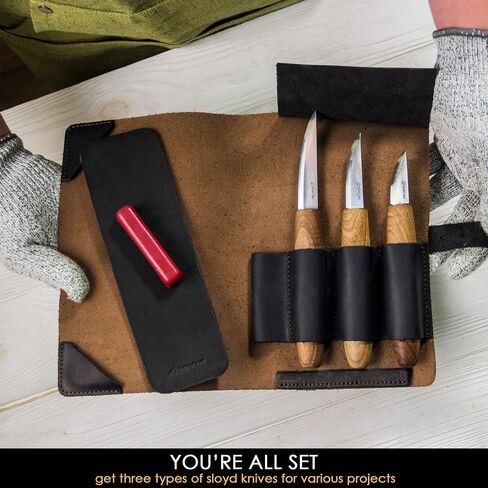 BeaverCraft Deluxe Wood Carving Kit with 3pcs High‑Carbon Steel Sloyd Knives S19x – Whittling Knife Set with Walnut Handles, Leather Tool Roll & Leather Strop, Polishing Compound – Wood Carving Tools in Kuwait