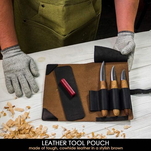 BeaverCraft Deluxe Wood Carving Kit with 3pcs High‑Carbon Steel Sloyd Knives S19x – Whittling Knife Set with Walnut Handles, Leather Tool Roll & Leather Strop, Polishing Compound – Wood Carving Tools in Kuwait