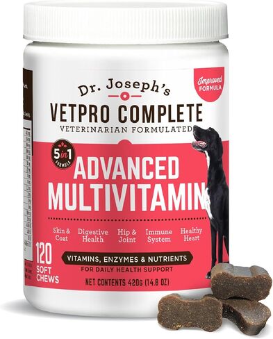 Dr. Joseph's VetPro Complete Multivitamin Dog Supplement, 120 Count (Large Dog 60 Day Supply), 5in1 Chew with Vitamins, Enzymes & Nutrients, Hip & Joint Health, Immune System & Allergy Support in Kuwait