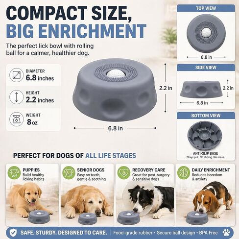 Dog Lick Bowl with Ball & Suction - Dog Food Bowl Slow Feeder for Liquid Treats, Bone Broth Yogurt, Interactive Rolling Ball Design for Anxiety Relief & Mental Stimulation for Small Medium Dogs in Kuwait