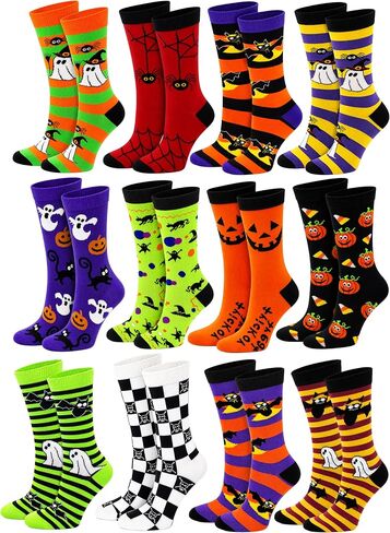 Halloween Socks for Women Girls, 12 Pairs Bats Pumpkins Ghosts Print, Colorful Pattern Novelty Cute in Saudi Arabia