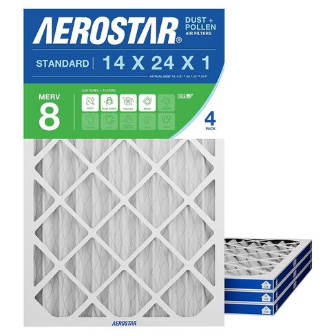 فلتر هواء Aerostar 14x24x1 MERV 8 مطوي، فلتر هواء فرن التيار المتردد، 4 عبوات (الحجم الفعلي: 13 3/4 بوصة × 23 3/4 بوصة × 3/4 بوصة)، أبيض in Kuwait