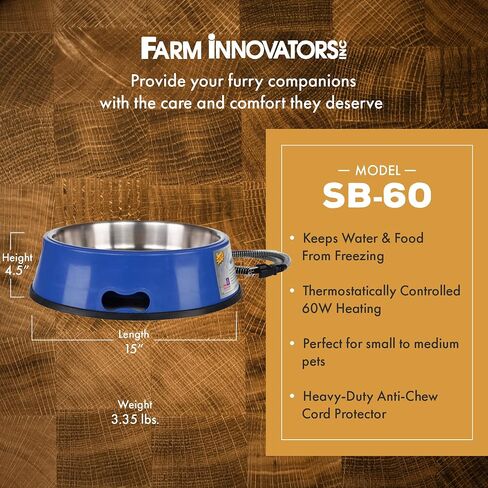 Farm Innovators SB-60 Signature Series 5.5 Quart Electric Heated Pet Water Bowl with Stainless Steel Insert, Thermostatic Control, 60 Watt in Kuwait