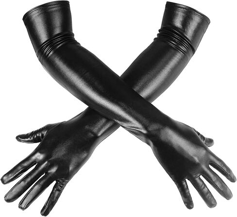 Luwint Women Sexy Wet Look Black Long Gloves for Costume Cosplay Photoshoot in Kuwait