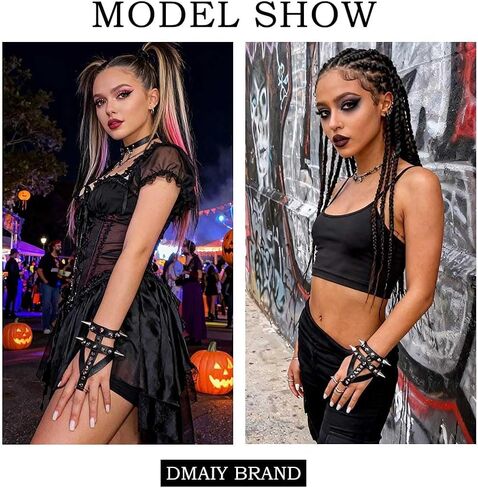 Dmaiy Punk Leather Bracelets Spiked Studded Bracelet Gothic Rock Bracelets with Ring Black Cuff Wristband for Women and Men in Kuwait