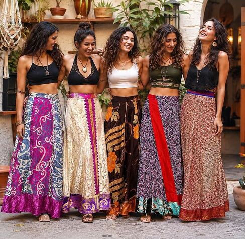 rajwada-fashion Wholesale 5 PCs Lot Two Layers Women's Indian Sari Magic Wrap Around Reversible Long Skirt in Kuwait