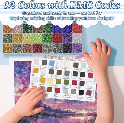 32 Colors 32,000 PCS Acrylic Diamond Painting Beads, Flat Bottom Round Rhinestones for 5D DIY Craft, Boxed with DMC Color Codes in Saudi Arabia