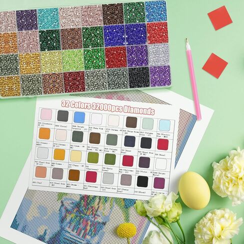 32 Colors 32,000 PCS Acrylic Diamond Painting Beads, Flat Bottom Round Rhinestones for 5D DIY Craft, Boxed with DMC Color Codes in Saudi Arabia