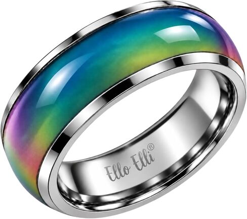 Ello Elli 8mm Color Changing Mood Ring for Men & Women, Stainless Steel Comfort Fit Mood Ring, Silver & Black Band in Kuwait