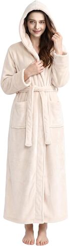 Hellomamma Long Hooded Robe for Women Luxurious Flannel Fleece Full Length Bathrobe Winter Warm Pajamas Shower Nightgown in Kuwait