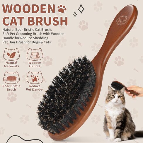 Natural Boar Bristle Cat Brush, Soft Pet Grooming Brush with Wooden Handle for Reduce Shedding, Pet Hair Brush for Dogs & Cats in Kuwait