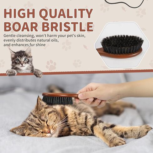 Natural Boar Bristle Cat Brush, Soft Pet Grooming Brush with Wooden Handle for Reduce Shedding, Pet Hair Brush for Dogs & Cats in Kuwait