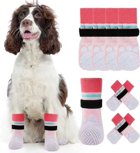 Kuoser Anti Slip Dog Socks to Prevent Licking Paws, Dog Grippy Socks for Hardwood Floors Hot Pavement, 4Pack Traction Control Booties Paw Protectors for Small Medium Large Senior Dogs, Pink M in Saudi Arabia