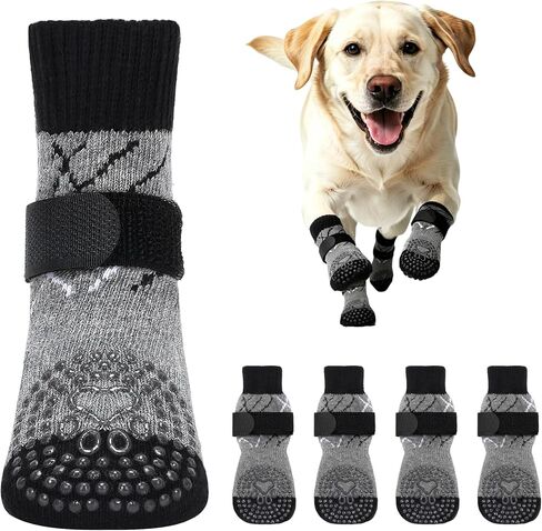 PETLOFT Non-Slip Dog Socks, Prevent Licking, Slipping, and Scratching, Enhance Traction, Suitable for Medium to Large Dogs, Adjustable with Elastic Hook and Loop (S, Black, Cartoon Bones) in Kuwait