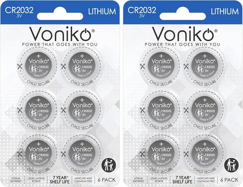 بطارية Voniko 3 فولت CR2032 10 عبوات - بطاريات ليثيوم - بطارية زر 2032 مسطحة - عمر افتراضي 7 سنوات in Kuwait