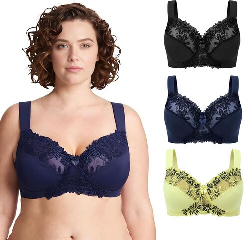 Curve Muse Plus Size Minimizer Unlined Wireless Bra with Lace Embroidery-3Pack in Kuwait
