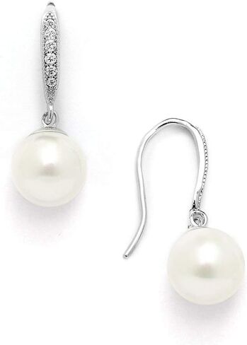 Mariell Pearl Drop Earrings, 8mm, French Wire Top with CZ Crystal for Bride, Wedding or Birthday Gift in Kuwait