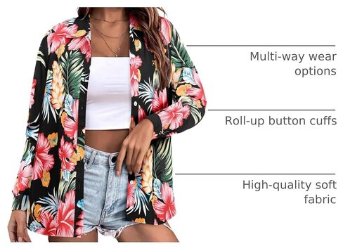 ZXZY Hawaiian Shirts for Women Fall Soft Floral Leaves Print Long Sleeve Button Up Trendy Tops Blouse in Saudi Arabia