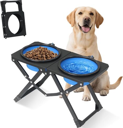 Foldable Elevated Dog Bowl Holder with 2 Large 58oz Stainless Steel Bowls, 10.2" Tall Raised Dog Bowl Stand for Medium/Large Breeds, Indoor and Outdoor Use in Saudi Arabia