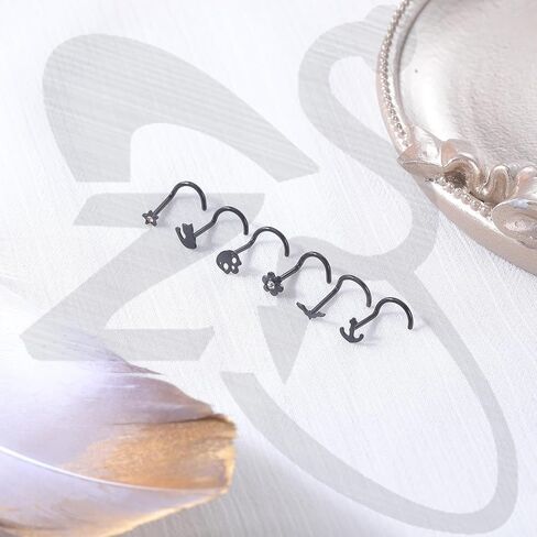 ZS 20G Black Nose Rings Nostril Studs for Women, 20Pcs Surgical Steel Nose Studs Ring L-Shaped, Halloween Bat Skull Corkscrew Nose Piercing Jewelry in Kuwait