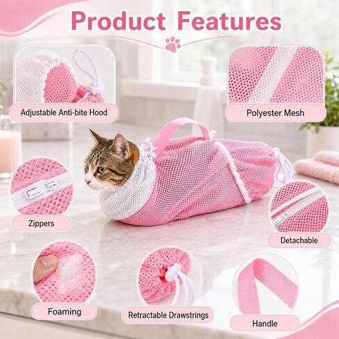 3 PCS Cat Washing Bag, Mesh Cat Shower Bag for Pet Bathing Grooming in Kuwait