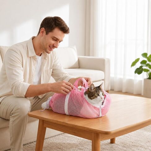 3 PCS Cat Washing Bag, Mesh Cat Shower Bag for Pet Bathing Grooming in Kuwait
