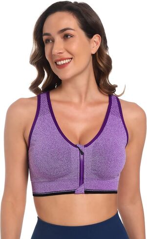 Fapreit Women's Zip Front Closure Sports Bra - Seamless Wirefree Post Surgery Padded Racerback Workout Gym Yoga Bras in Kuwait