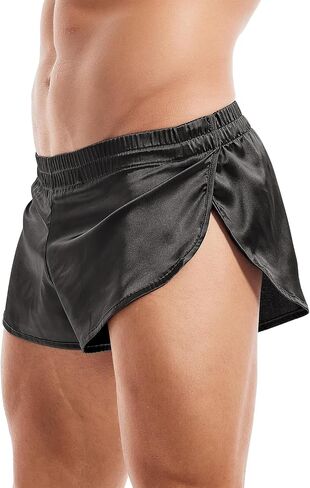 AMY COULEE Mens Sexy Satin Shorts Large Split Side Boxers Silky Pajamas Sleepwear with Pouch Liner in Saudi Arabia