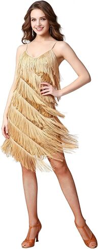ELLYDOOR Women's Sequin Fringe Flapper Party Dance Dress Straps Gatsby Cocktail Dress Ballroom Latin Dancewear in Kuwait