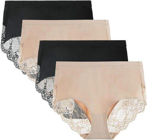 LIQQY Women's 4 Pack Combed Cotton Breathable High Rise Lace Full Coverage Brief Panty Underwear in Kuwait