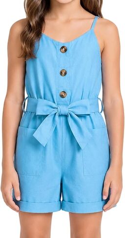 ODIMAME Girl Romper Summer Short Jumpsuit V-neck Adjustable Spaghetti Straps Side Pockets Outfits 5-14 Years Old in Kuwait