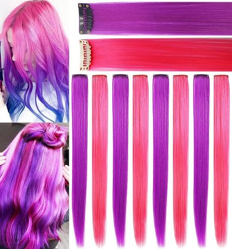 Pink Purple Hair Extensions Clip in,10PCS 20'' Synthetic Hairpieces in Kuwait
