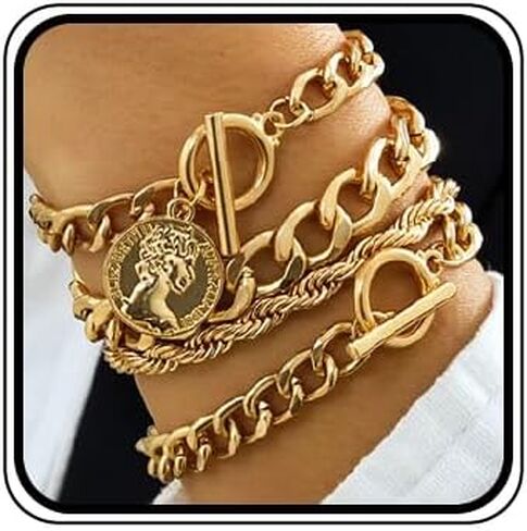 fxmimior Boho Fashion Dainty Boho Gold Silver Chain Stackable Bracelets Set for Women Adjustable Beaded Coin Chunky Flat Cable Chain Punk Bracelets Jewelry for Women Girls Gift Set of 4 in Kuwait